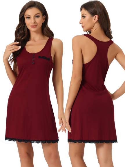 cheibear - Racer Back Lace Trim U Neck Nightgowns