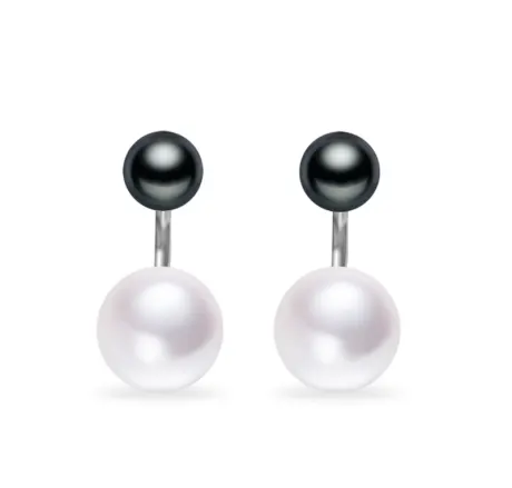 Boucles d'oreilles clous en argent sterling avec double perle de culture d'eau douce noire et blanche- Signature Pearls