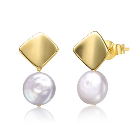 Genevive Sterling Silver 14k Yellow Gold Plated with White Coin Pearl Double Dangle Square Earrings