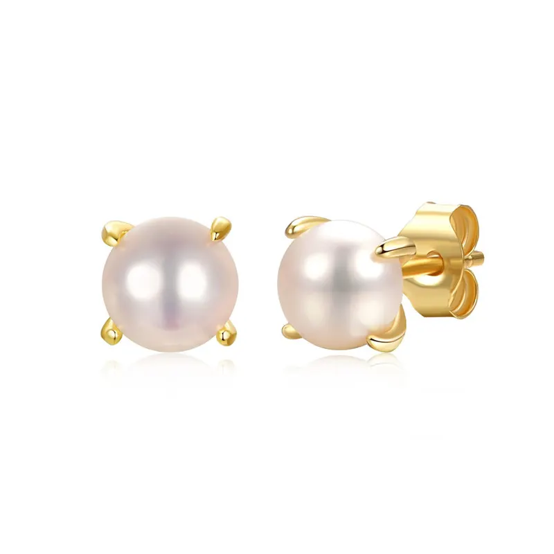 Genevive 14k Yellow Gold Plated with 5mm Round White Genuine Freshwater Pearl Solitaire Stud Earrings in Sterling Silver