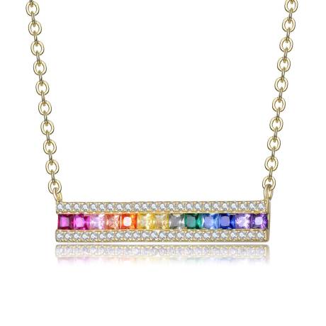 Genevive - Sterling Silver 14k Yellow Gold Plated Rainbow Cubic Zirconia Bar Pendant Necklace