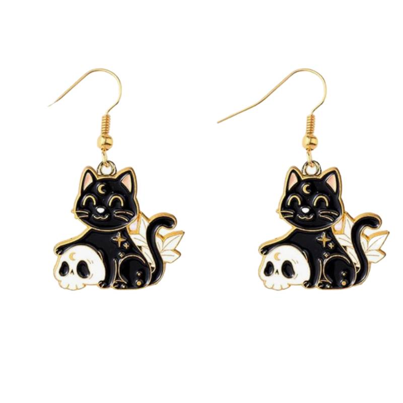 Boucles d'oreilles pendantes en forme de chat noir céleste et tête de mort  dorés - Don't AsK - Rwco