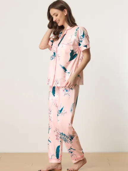 cheibear - Button Down Satin Floral Summer Pajamas Set