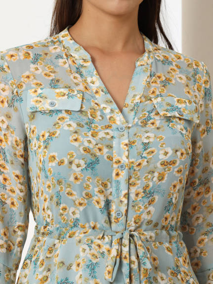Hobemty- Robe boutonnée florale à demi-manches nouée à la taille