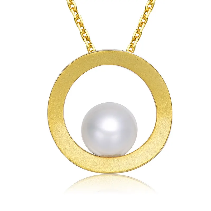 Sterling Silver 14k Gold Plated with Genuine Freshwater Round Pearl Circular Pendant Necklace