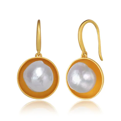 Sterling Silver 14k Gold Plated with Genuine Freshwater Round Pearl Hook Earrings