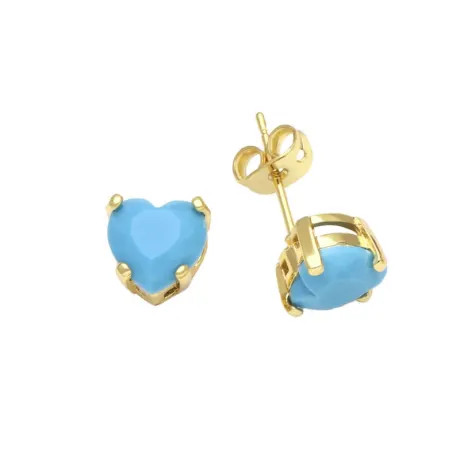 Boucles d'oreilles clous en doré avec zircones cubiques turquoise en forme de cœur - Eva Sky2