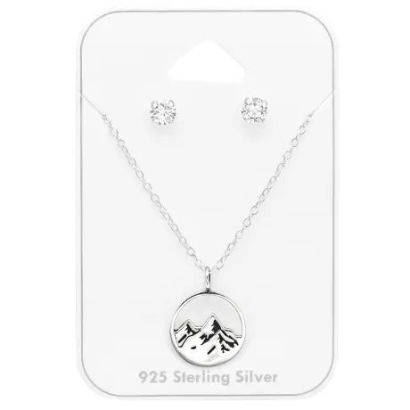 Sterling Silver Clear CZ Stud with Dainty Mountain Pendant Necklace - Ag Sterling