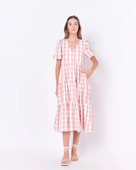 English Factory- Gingham Puff Sleeve Tiered Midi
