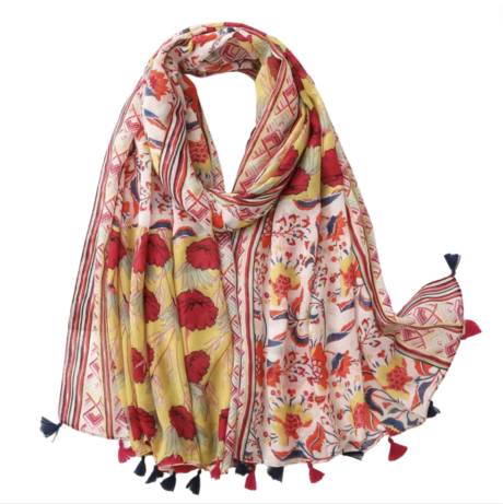 Floral Lightweight Scarf with Tassels in Red Hues - Don't AsK
