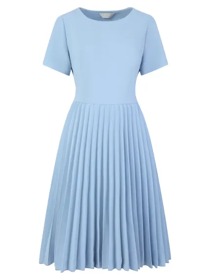 Hobemty- Short Sleeve Pleated Midi A-Line Dress
