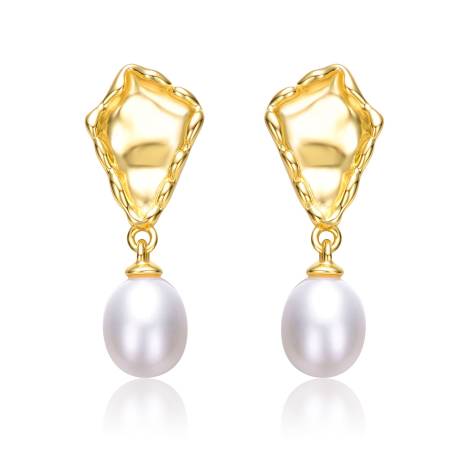 Genevive Boucles d'oreilles pendantes en argent sterling plaqué or jaune 14 carats avec pépite de perles blanches