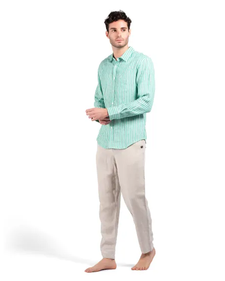 Coast Clothing Co. - Chemise en lin à rayures vertes à manches longues