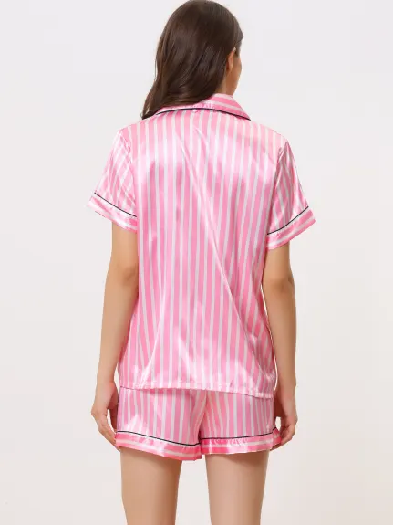 cheibear - Button Down Shirt and Pants Contrast Sleepwear Set