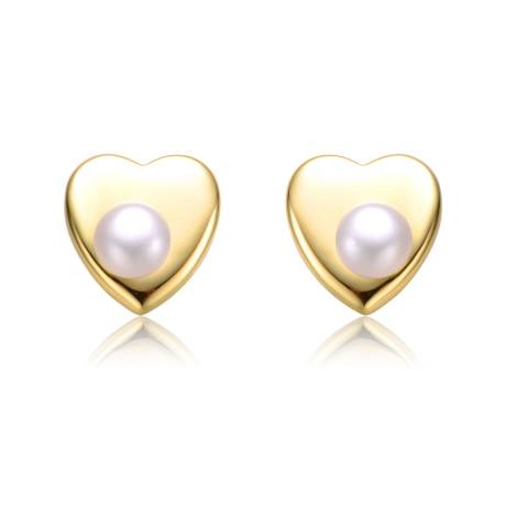 Genevive Boucles d'oreilles à tige en argent sterling plaqué or jaune 14 carats avec cœur en perles blanches