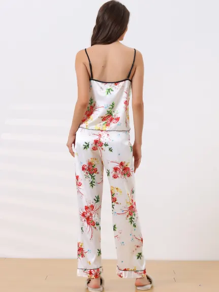 cheibear - Floral Lace Cami Long Pants Pajama Set