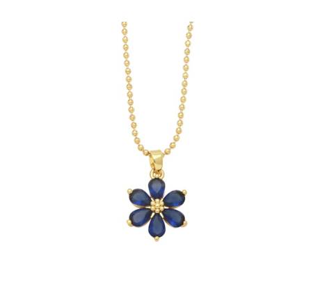 Goldtone & Deep Blue CZ Flower Pendant Necklace - Eva Sky2