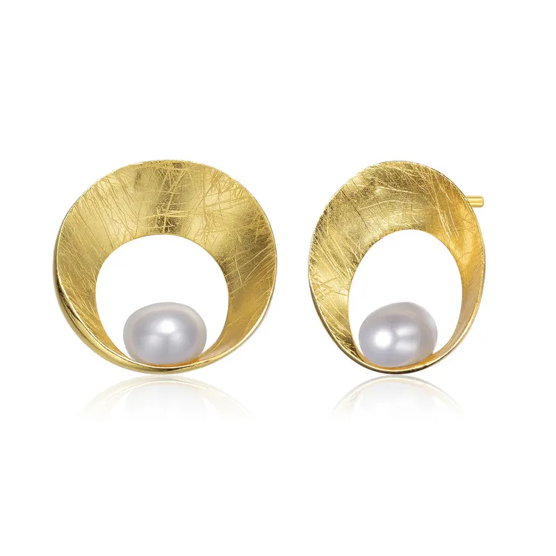Boucles d'oreilles à tige en argent sterling plaqué or 14 carats avec véritables perles rondes d'eau douce en forme de disque