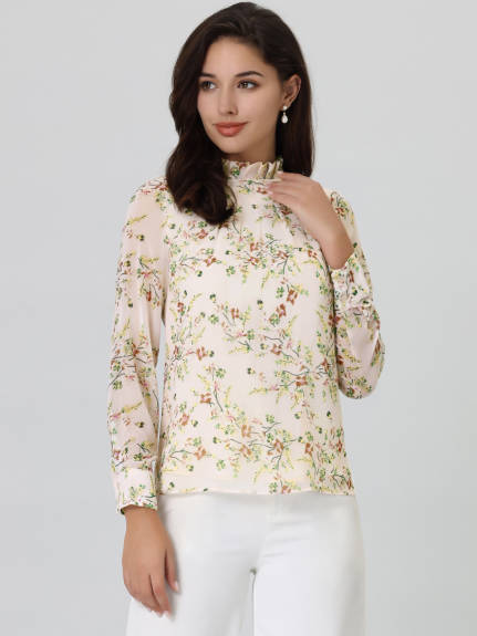 Hobemty- Floral Pleated Ruffled Stand Collar Blouse