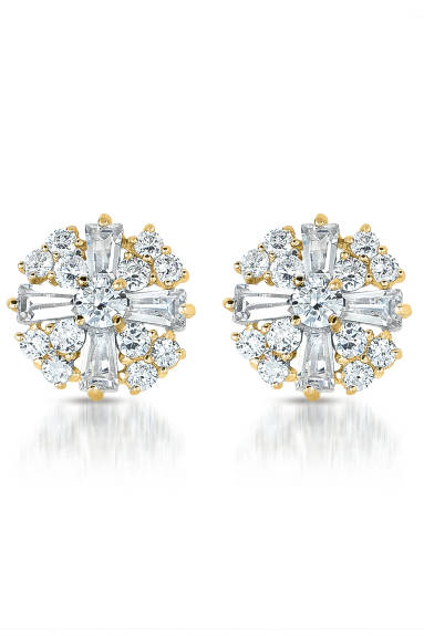 Genevive Cubic Zirconia Sterling Silver Rhodium Plated,14K Gold Plated Round Baguette Earrings