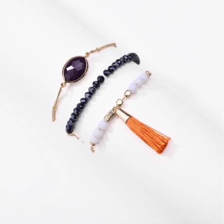 Ensemble de 3 bracelets avec cristaux violets et pompon orange- Don't AsK