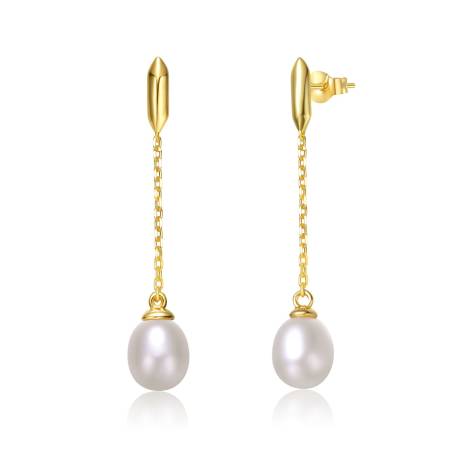 Genevive Sterling Silver 14k Yellow Gold Plated with White Pearl Linear Dangle Drop Cable Chain Earrings