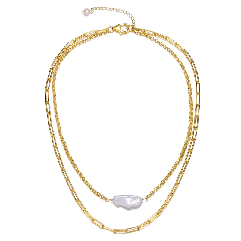 Sterling Silver 14k Gold Plated Genuine Freshwater Pearl Layered Necklace