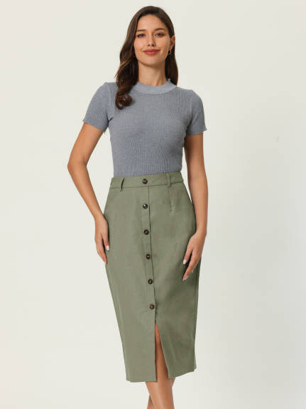 Hobemty- High Waist Knee Length Linen Skirt