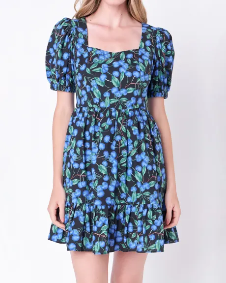 English Factory- Blueberry Print Mini Dress with Puff Sleeves
