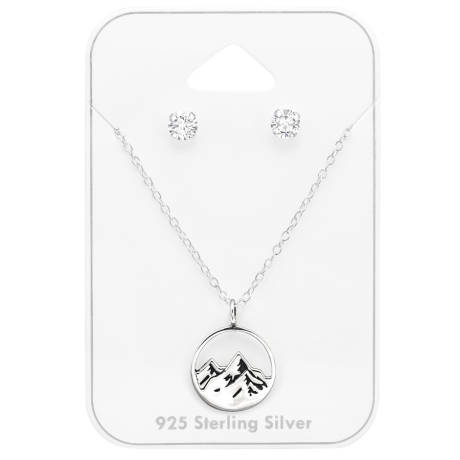 Sterling Silver Clear CZ Stud with Dainty Mountain Pendant Necklace - Ag Sterling