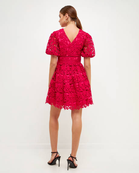 endless rose- Crochet Lace Puff Sleeve Mini Dress