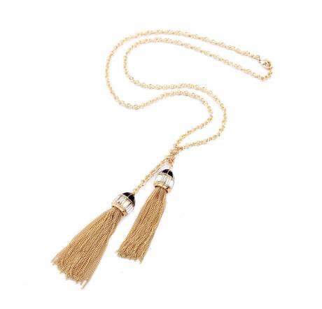 Goldtone Dual Tassel Necklace with Inlaid Crystals - Don't AsK