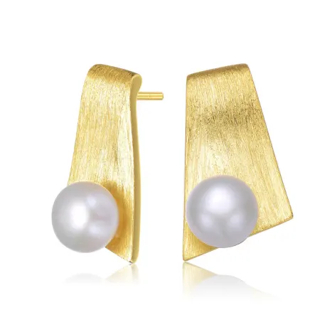 Boucles d'oreilles en argent sterling plaqué or 14 carats avec véritables perles rondes d'eau douce en forme de trapèze