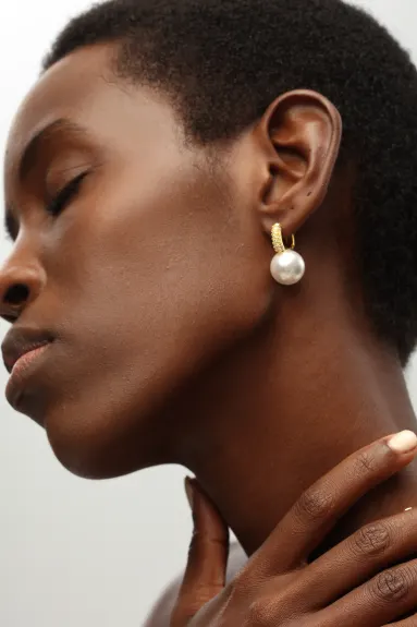 Classicharms-Gold Pearl Drop Hoop With Zirconia Embellishment Earrings