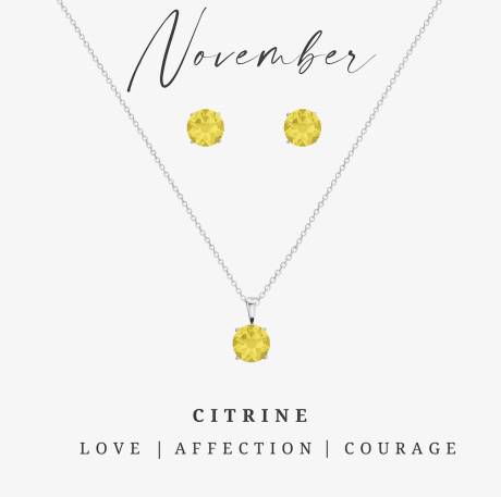 Silvertone November Citrine Birthstone CZ Earring & Necklace Set