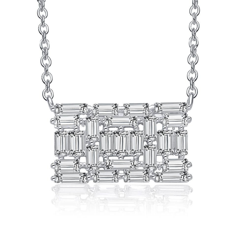 Genevive Sterling Silver White Gold Plated with Clear Cubic Zirconia Rectangular Cluster Necklace