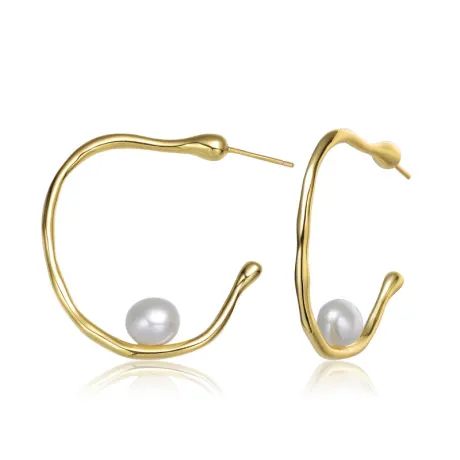 Sterling Silver 14k Gold Plated with Genuine Freshwater Pearl Hoop Earrings