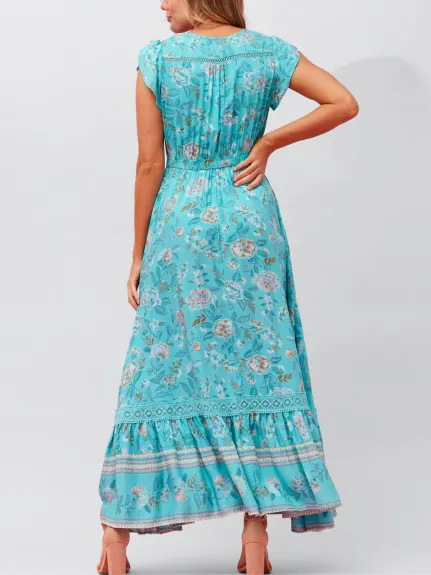 Annick - Larissa Maxi Dress Floral Print Front Slit Blue