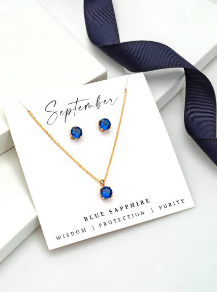 Goldtone September Blue Sapphire Birthstone CZ Earring & Necklace Set