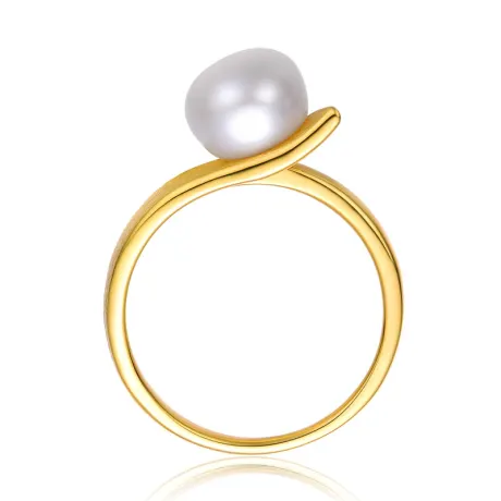 Genevive Sterling Silver 14k Yellow Gold Plated with Genuine Freshwater Pearl Linear Ring Size 8