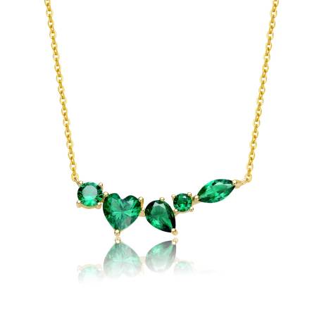Genevive Sterling Silver 14k Yellow Gold Plated Mixed Cut Emerald Cubic Zirconia Cluster Necklace