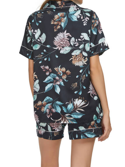 cheibear - Floral Button Down Shirt and Shorts Satin Sleepwear