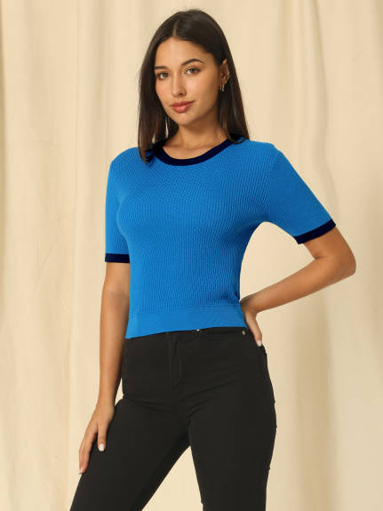 Hobemty- Knit Contrast Color Short Sleeve Pullover Top