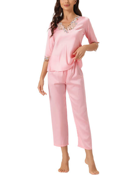 cheibear - Lace Trim Tops Long Pants Pajama Sets