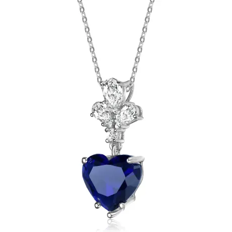 Genevive Sterling Silver Blue Cubic Zirconia Heart Pendant Necklace