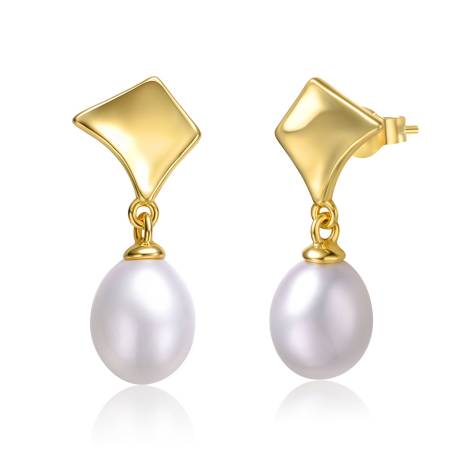 Genevive Boucles d'oreilles pendantes rétro en argent sterling et or jaune 14 carats avec perles blanches et bouclier géométrique