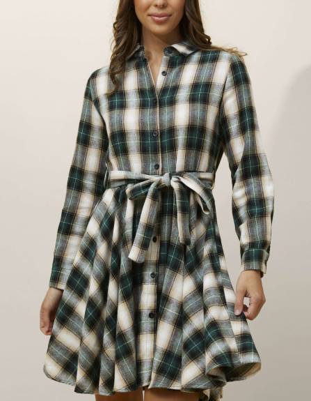 Annick - Fiona Shirt Dress Waist Tie Plaid Print Green