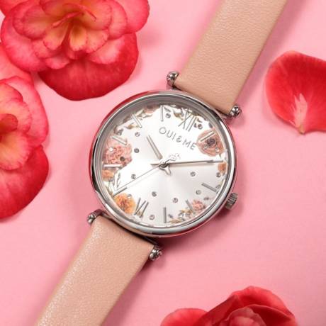 OUI & ME-Etoile 33mm 3 Hand Silver Flower Dial Watch With Stainless Steel Case And Nude Recycled Leather Strap