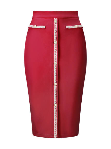 Hobemty- High Waist Tweed Trim Midi Pencil Skirt