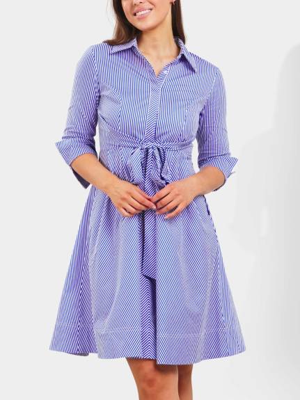 Tania Shirt Dress Twist Waist Tie Pockets Cotton Striped Blue